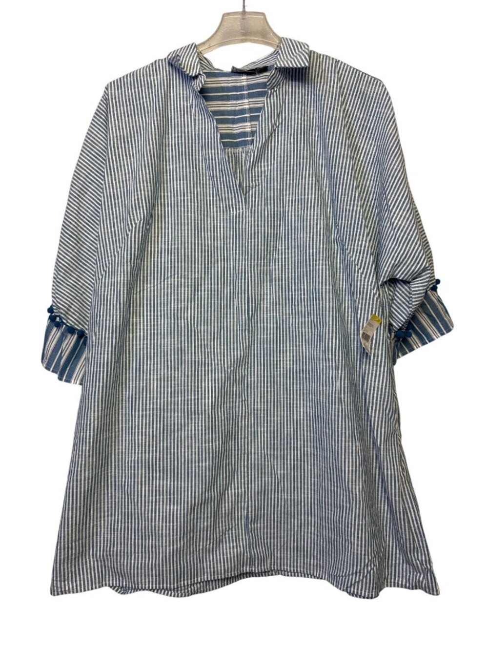 Simply Emma Tunic Top Blue & White Stripe 2X Coverup Pom Pom Accent New